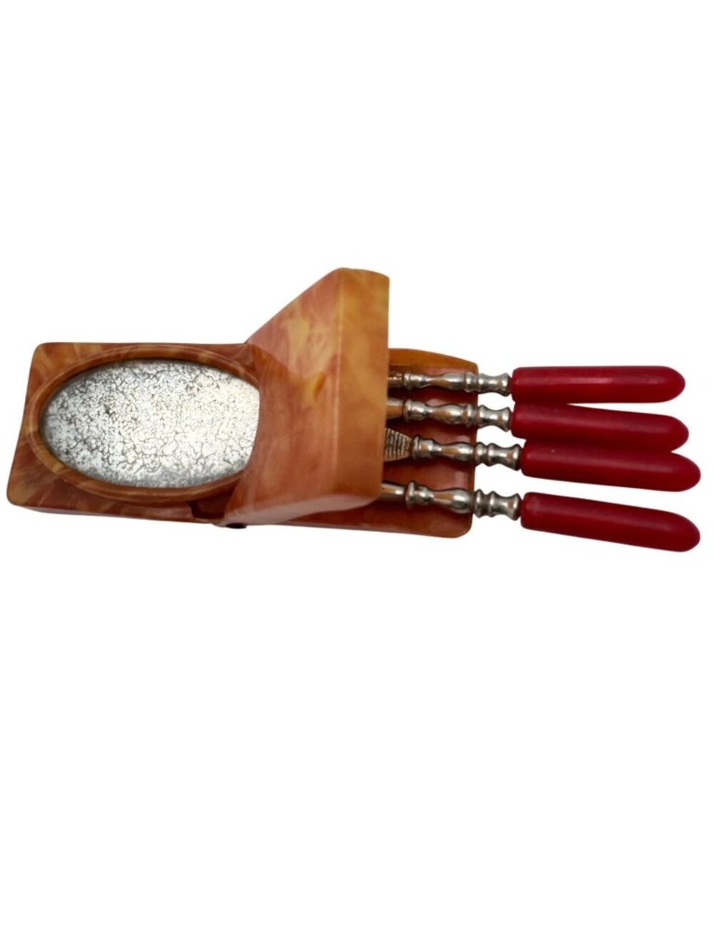 Vintage Celluloid Nail Care Tool Set Red Handle Silver Tip Manicure Kit